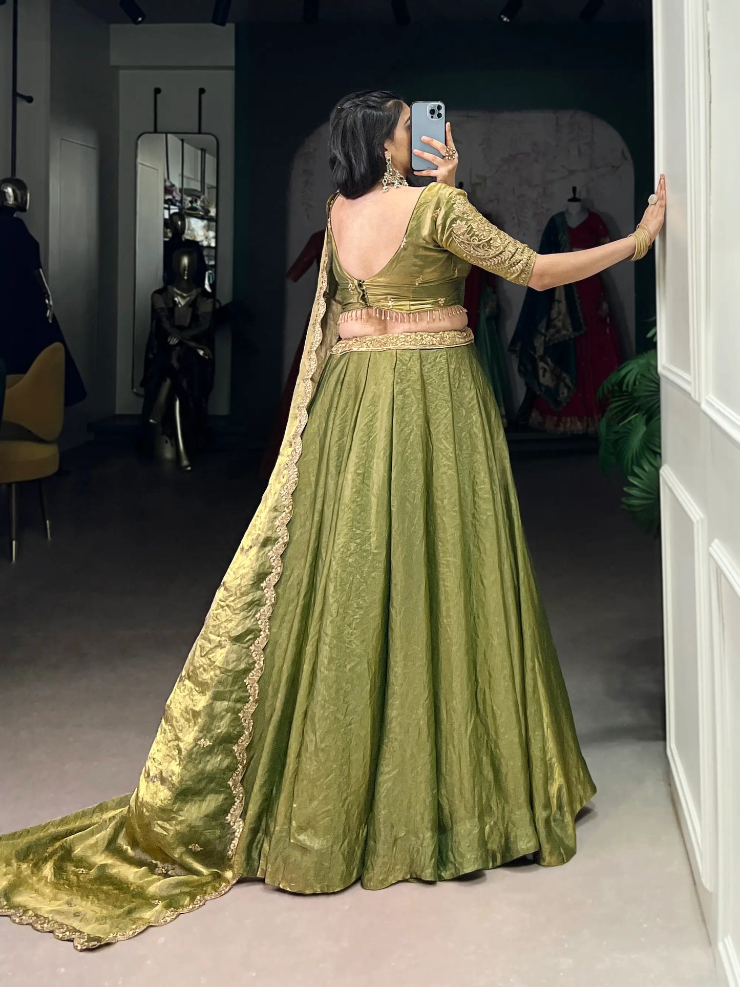 Olive Green Fendi Silk Sequins Embroidery Lehenga Choli
