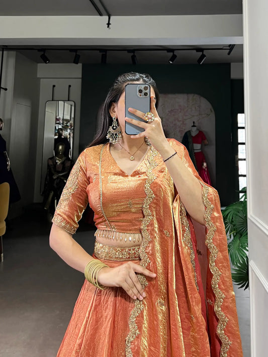 Rust Orange Fendi Silk Sequins Embroidery Lehenga Choli