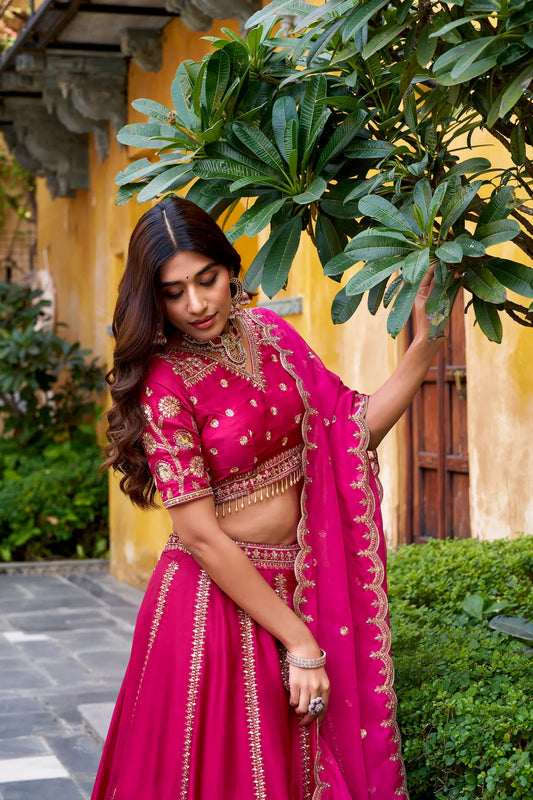 Rani Pink Silk Embroidered Lehenga Choli