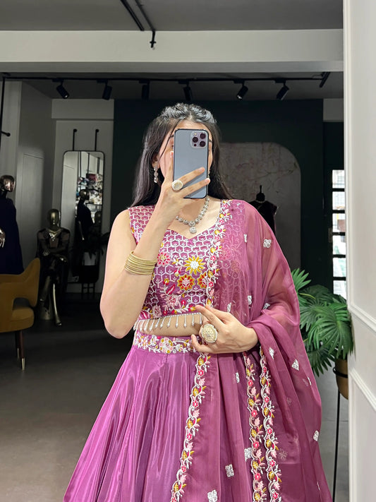 Magenta Pink Crepe Silk Embroidery Work Lehenga Choli
