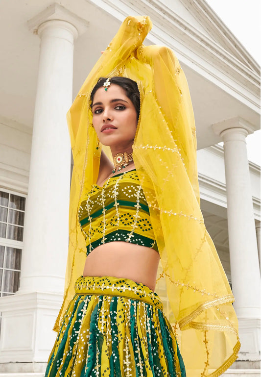 Yellow-Multicolor Georgette Lehenga Choli With Digital Print & Embroidery Work