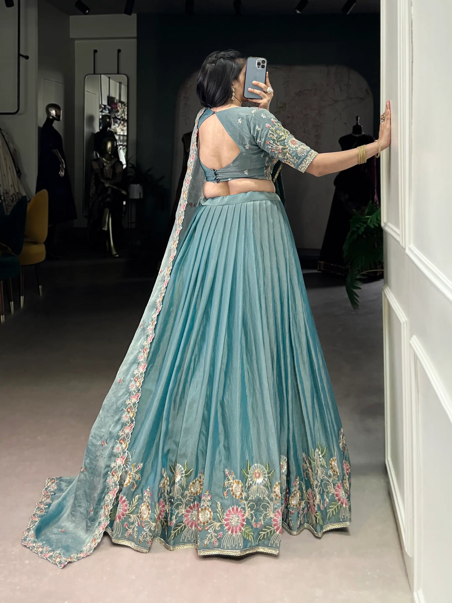 Sea Blue Zari Shimmer Embroidery Work Lehenga Choli
