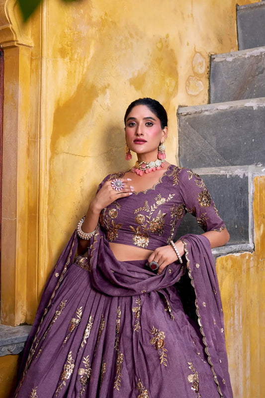 Dusty Purple Crush Silk Embroidery Lehenga Choli