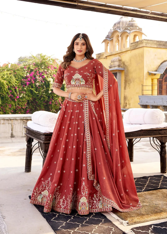 Rust Orange Chocolate Crush Embroidery Lehenga Choli