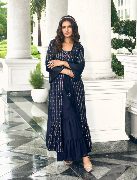 Navy Blue Georgette Indo western Set With Thread & Sequence Embroidery Work
