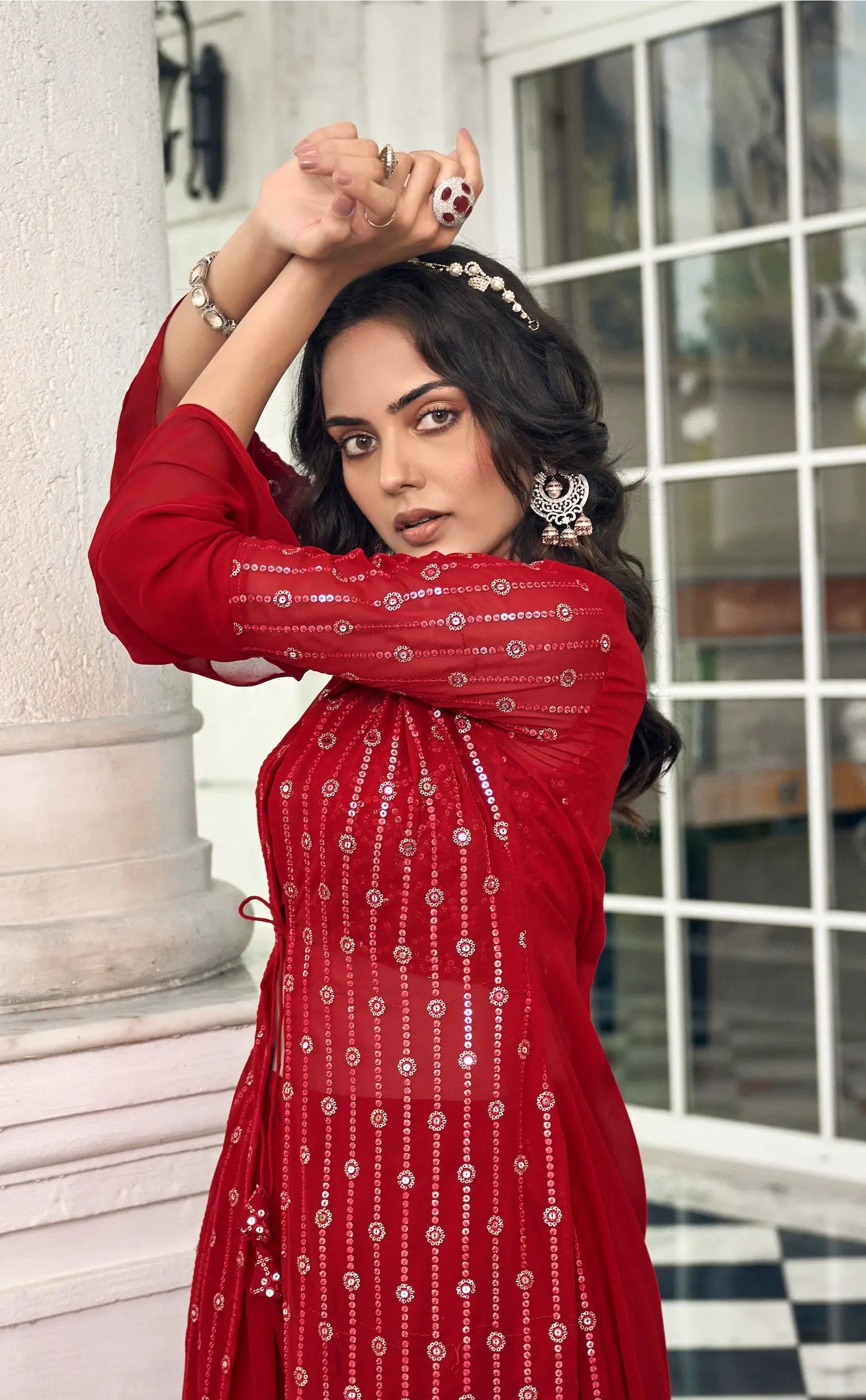 Red Georgette Indo western Set With Thread & Sequence Embroidery Work