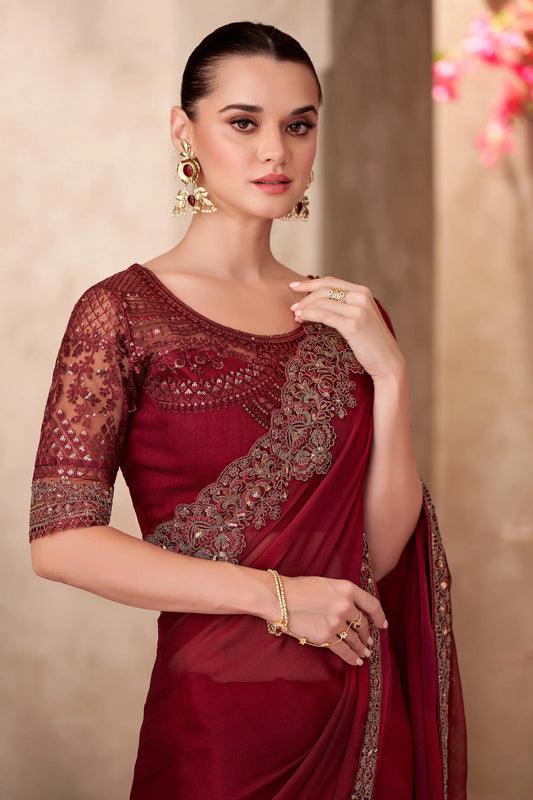 Cherry Red Shaded Chiffon Embroidery Work Saree