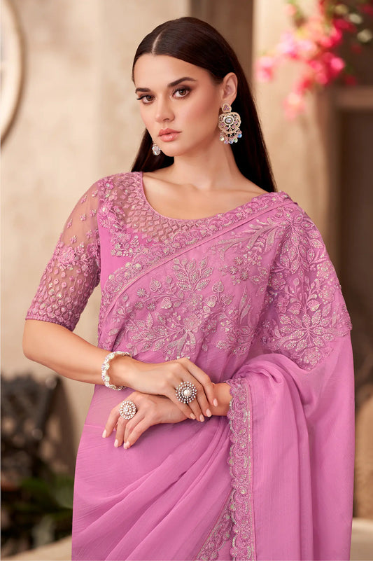 Blush Pink Chiffon Silk Embroidery Work Saree