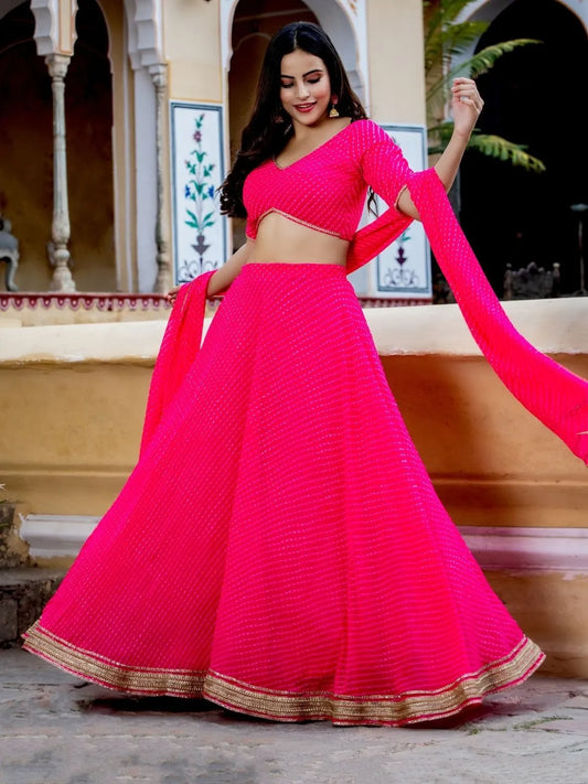 Rani Pink Georgette Leheriya Print Lehenga With Zari And Cording Lace Work