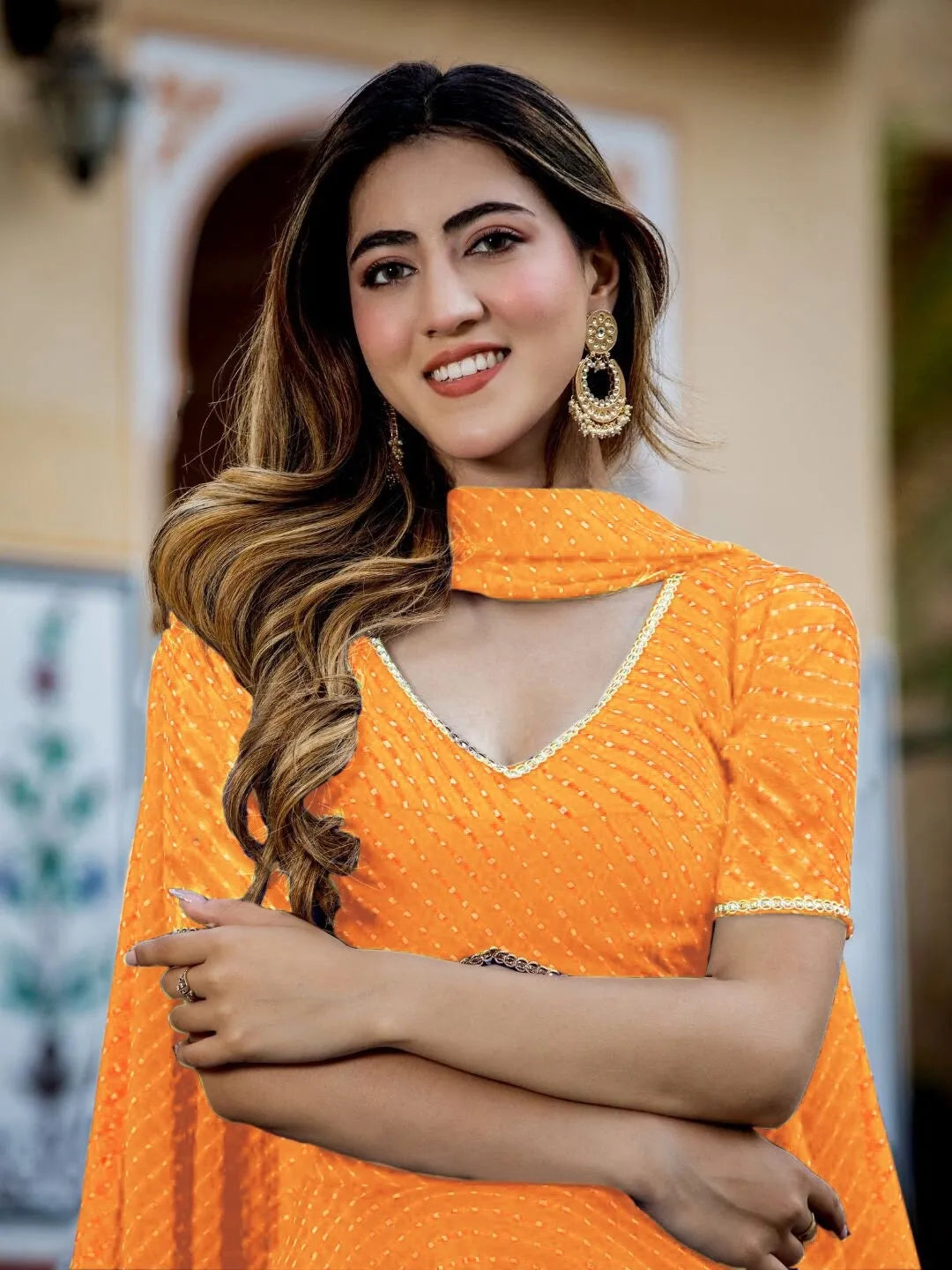 Stunning Yellow Georgette Leheriya Print Lehenga With Zari And Cording Lace Work