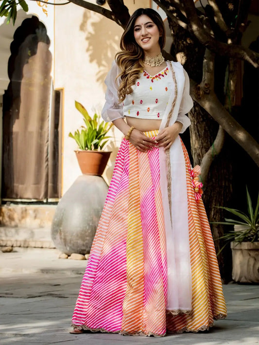 Multi color Organza Lehenga Digital Print With Pearl And Real Mirror Work Blouse