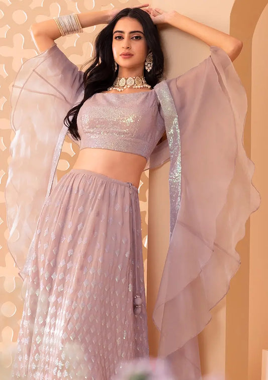 Mauve Pink Party Wear Lehenga With Sequins Work with Ruffle Dupatta
