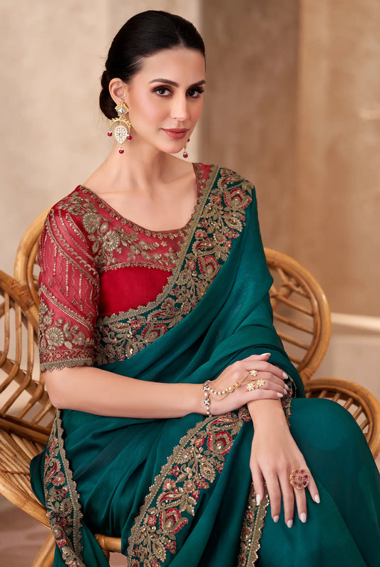 Dark Teal Blue Shaded Chiffon Embroidery Work Saree