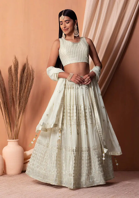 White Georgette Sequins And Thread Embroidery Work Lehenga choli