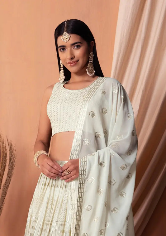White Georgette Sequins And Thread Embroidery Work Lehenga choli