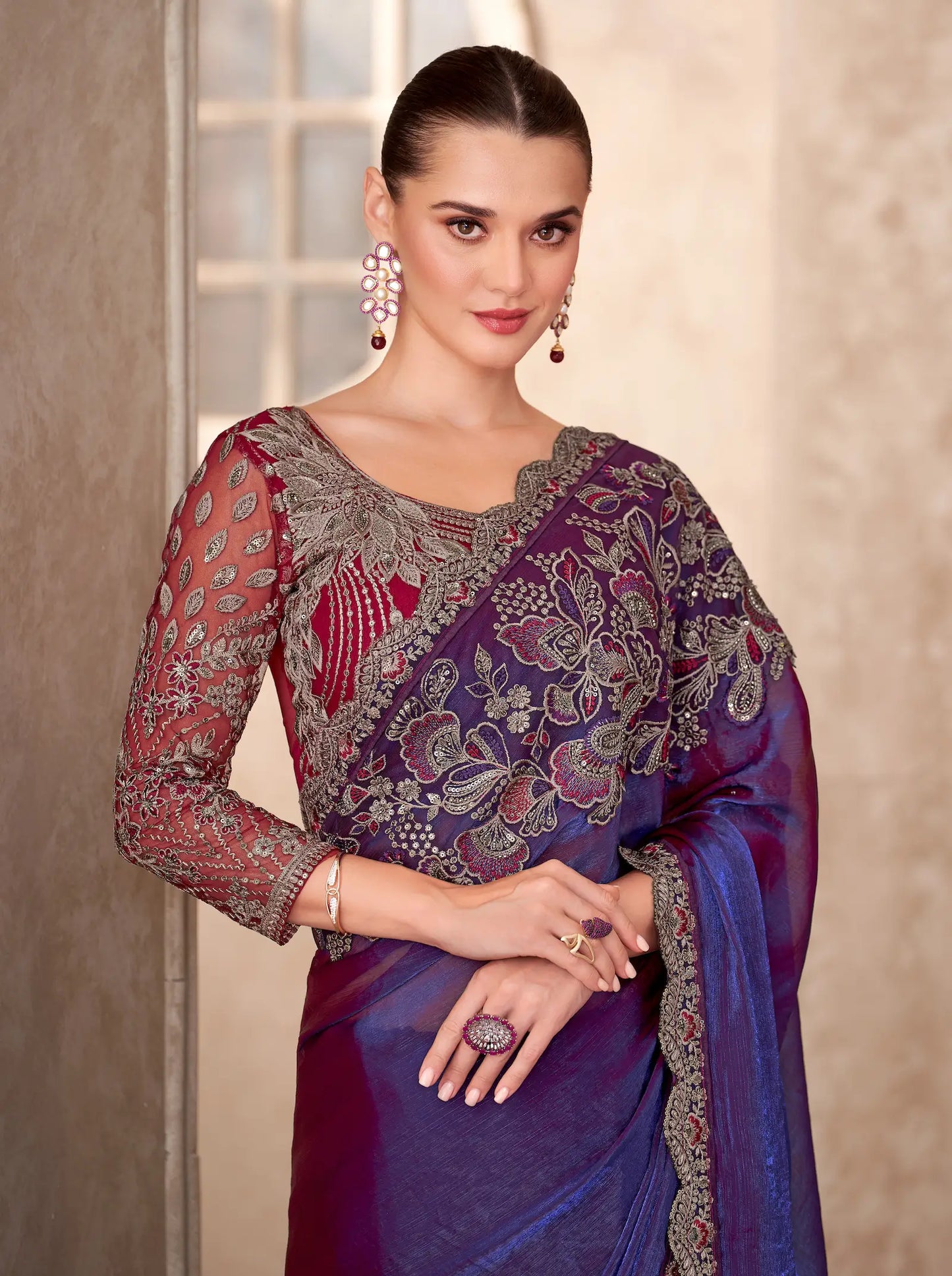 Electric Blue Satin Georgette Embroidery Work Saree