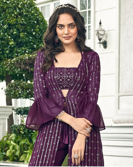 Wine Georgette Indo western Set With Thread & Sequence Embroidery Work
