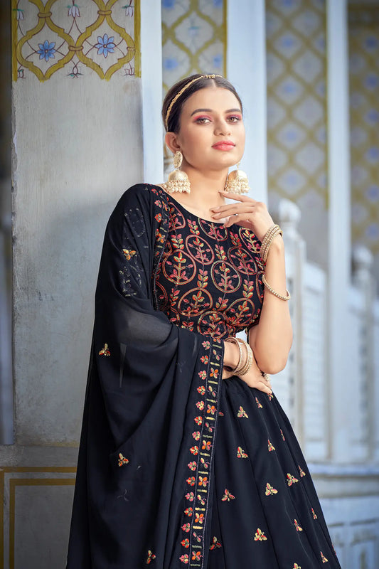 Deep Blue Georgette Thread with Sequence Embroidery Work Lehenga Choli