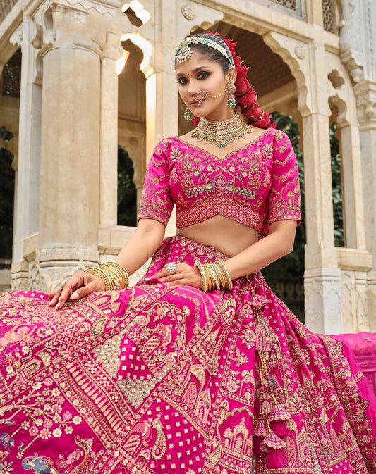 Dark Pink Khatli Embroidery Bridal Lehenga & 2 Dupatta