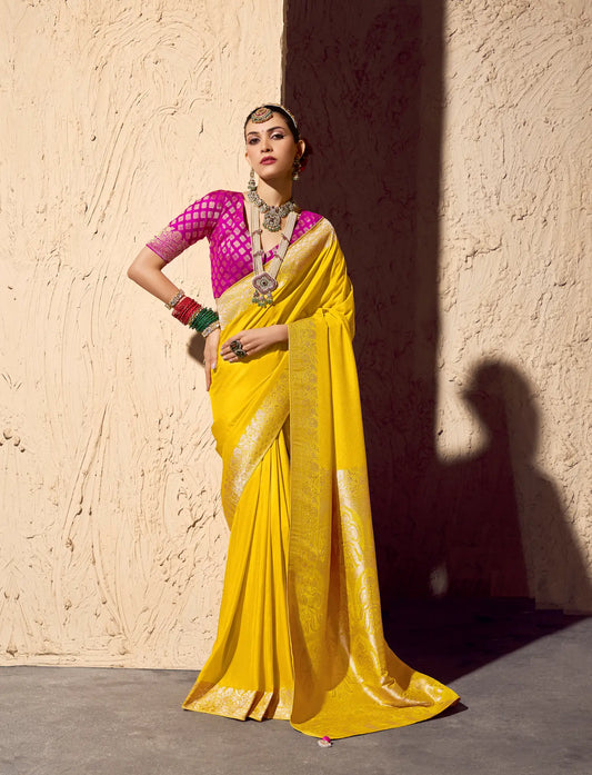 Bright Yellow Georgette Zari Weaving Saree