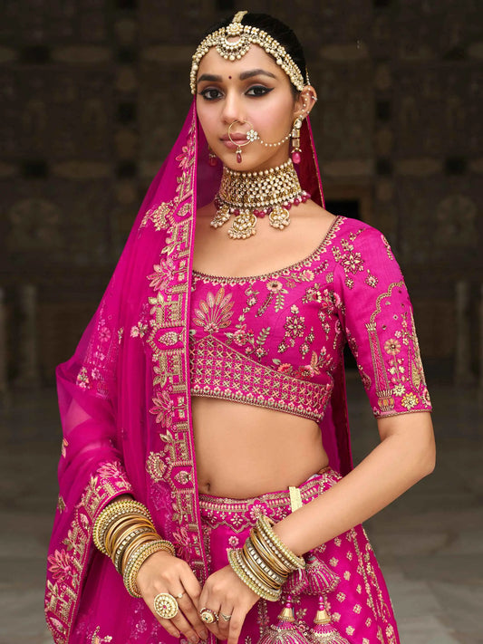 Dark Pink Bridal Lehenga Khatli Embroidery & 2 Dupatta