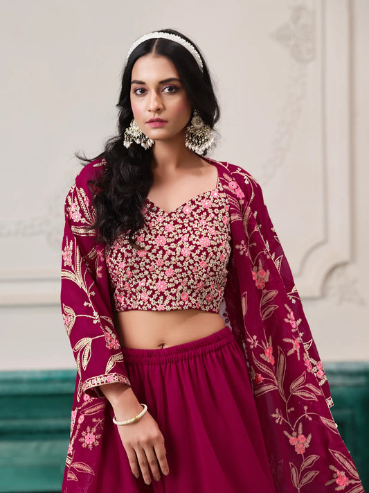 Pink Georgette Indo Western Set With Thread & Sequins Embroidery Work