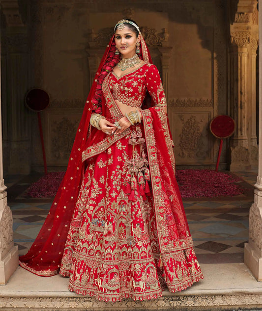 Designer Red Bridal Lehenga Khatli Embroidery & 2 Dupatta
