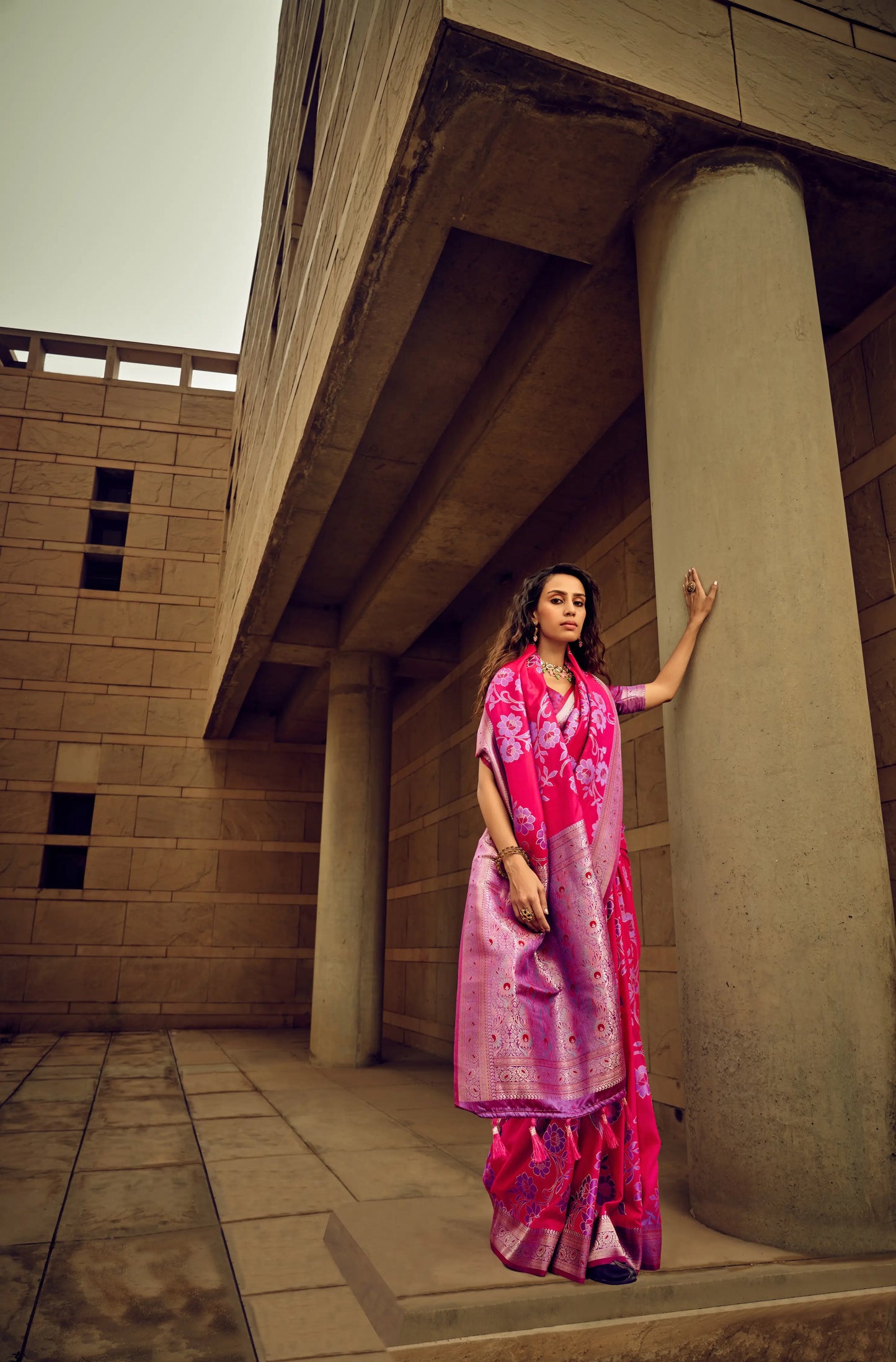 Pink Satin Brasso Handwoven Silk With Flower Weaving Saree