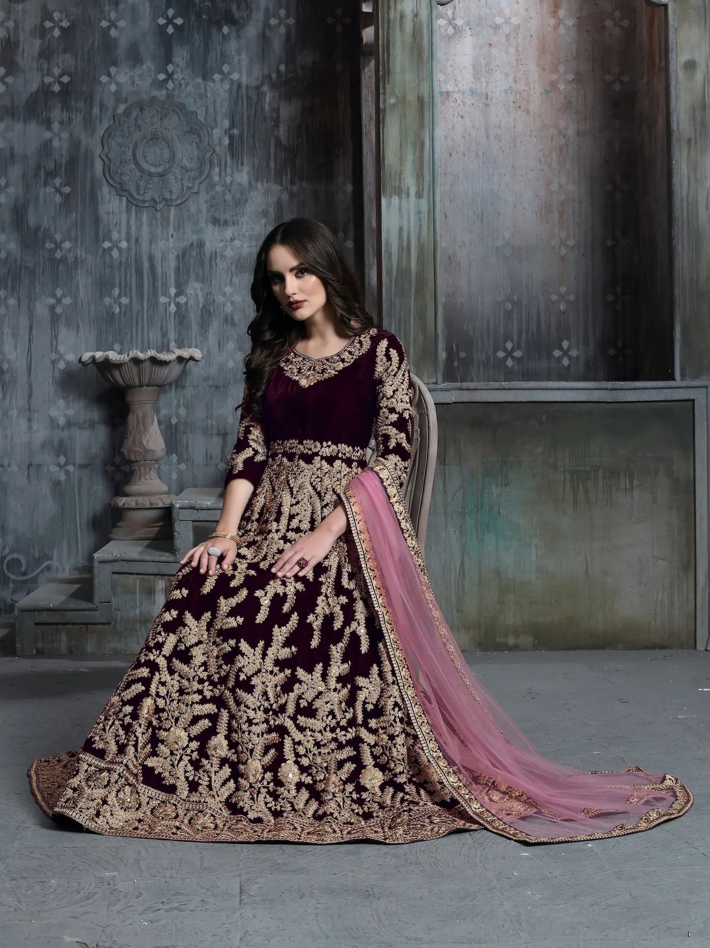 Wine Velvet Thread & Sequence Embroidery Work Gown