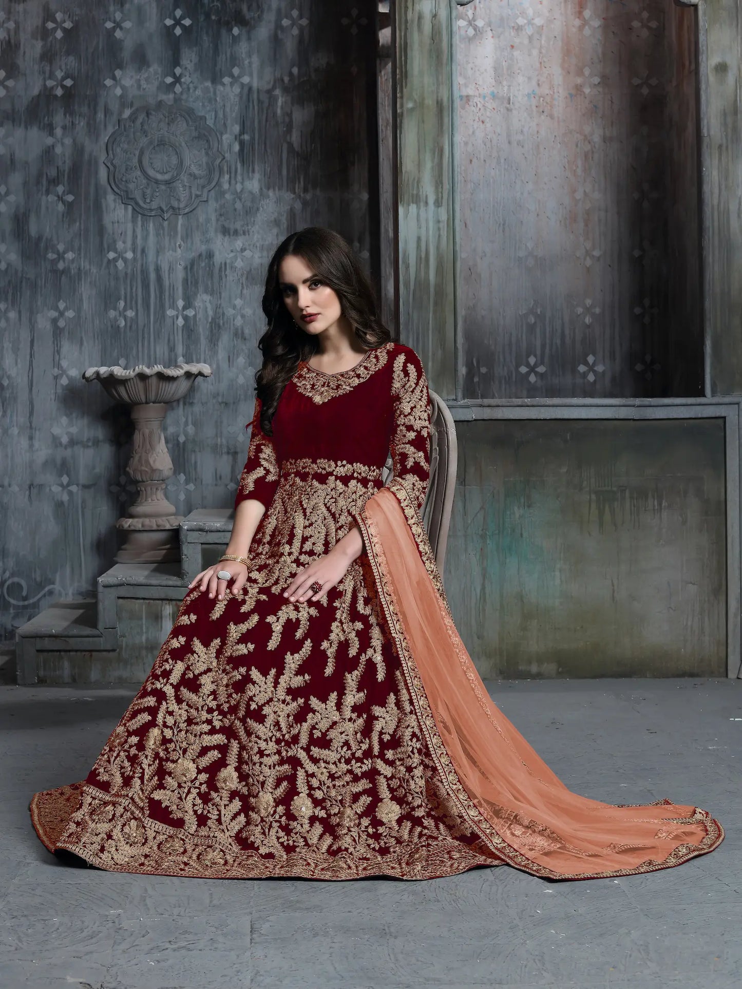 Maroon Velvet Thread & Sequence Embroidery Work Gown
