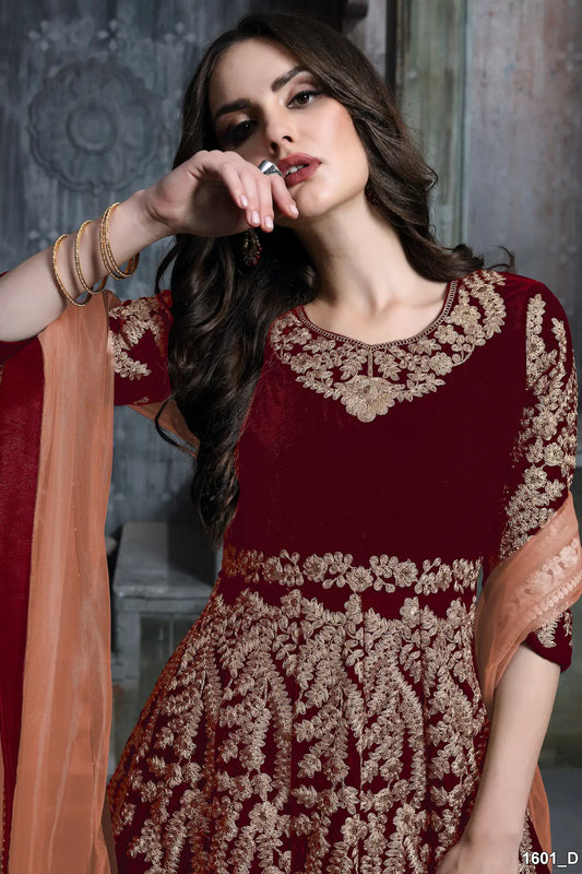 Maroon Velvet Thread & Sequence Embroidery Work Gown