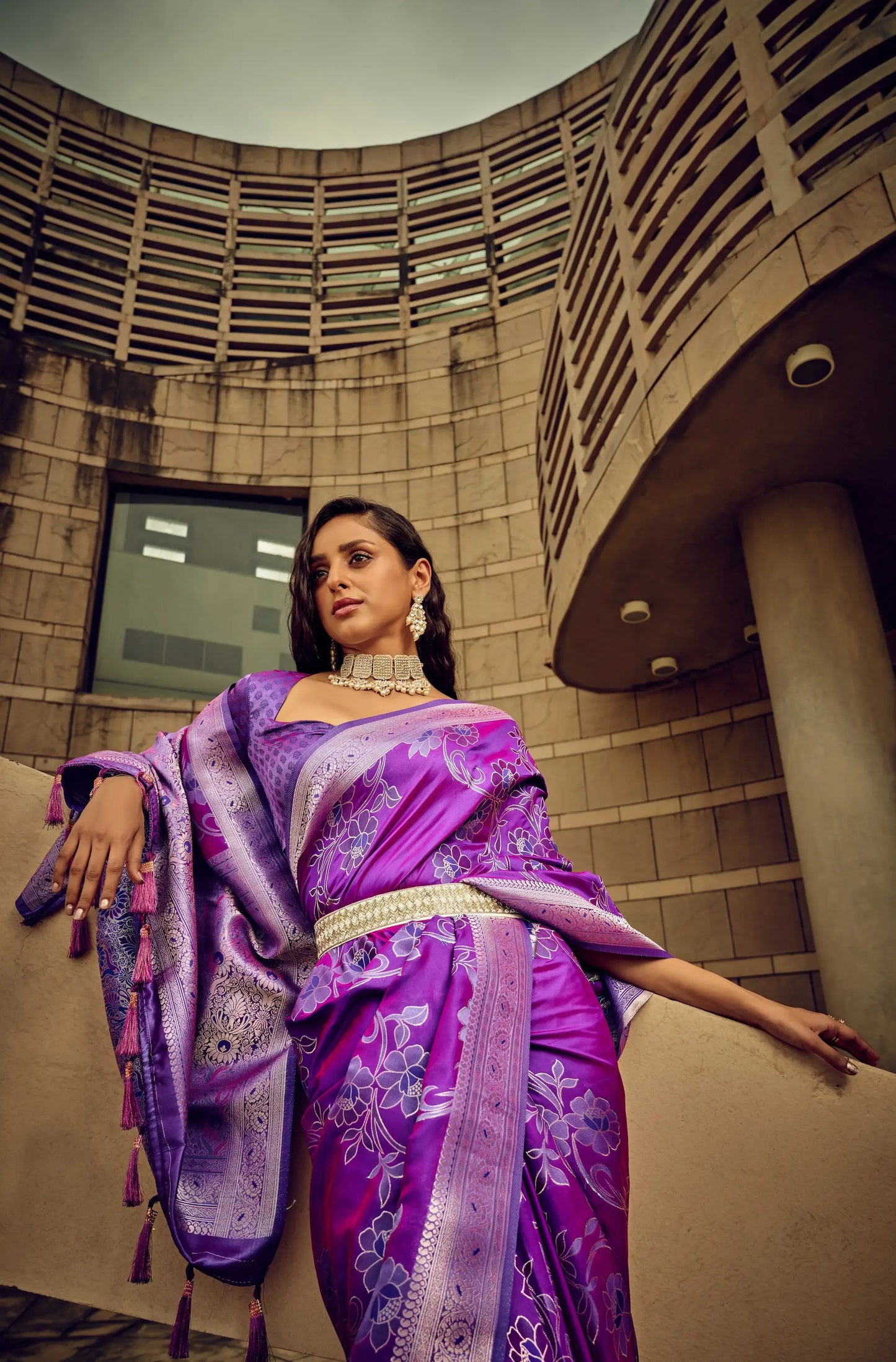 Purple Satin Brasso Handwoven Silk With Flower Weaving Saree