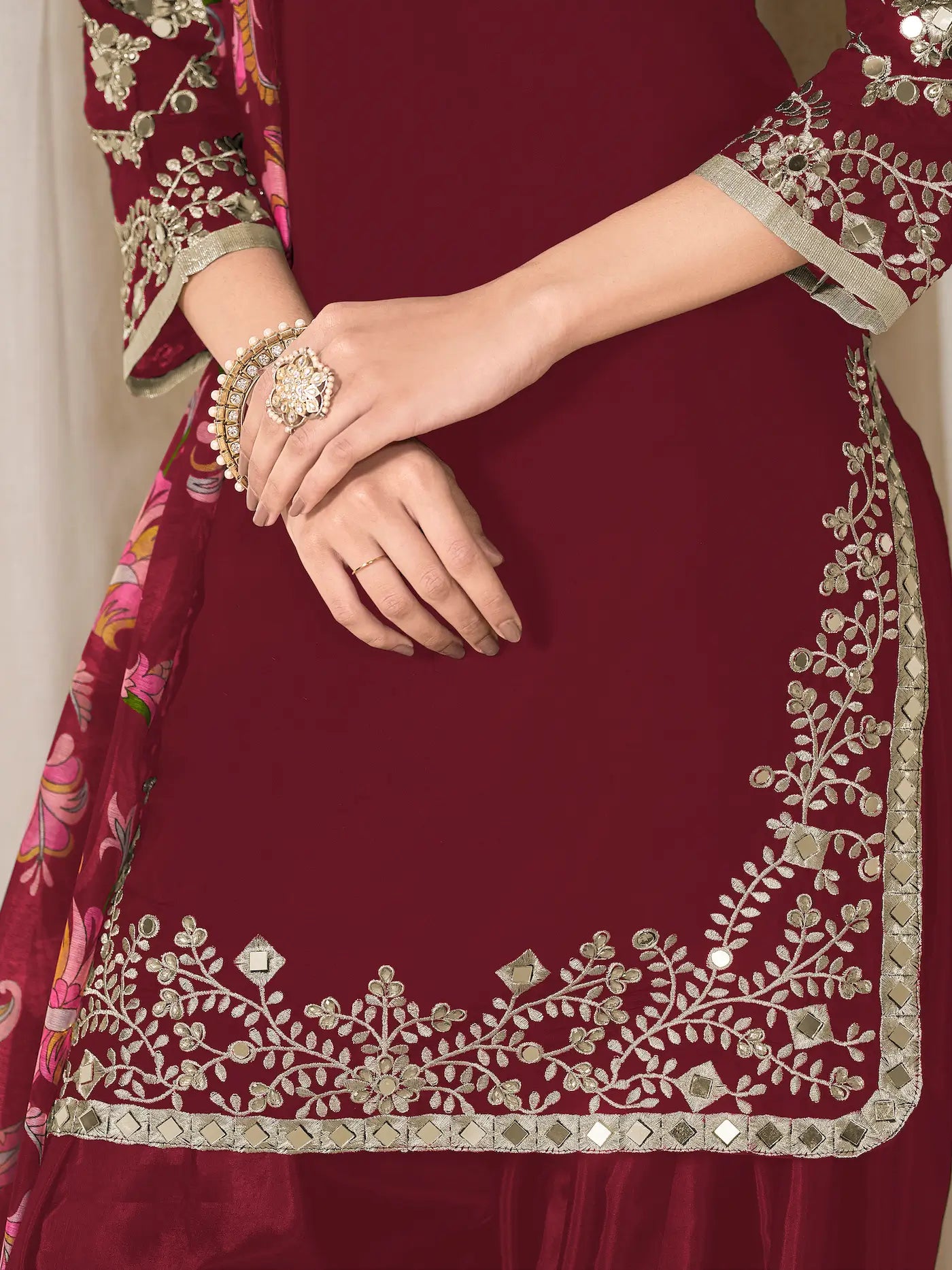 Dark Red Roman Silk Embroidery Work Salwar Suit