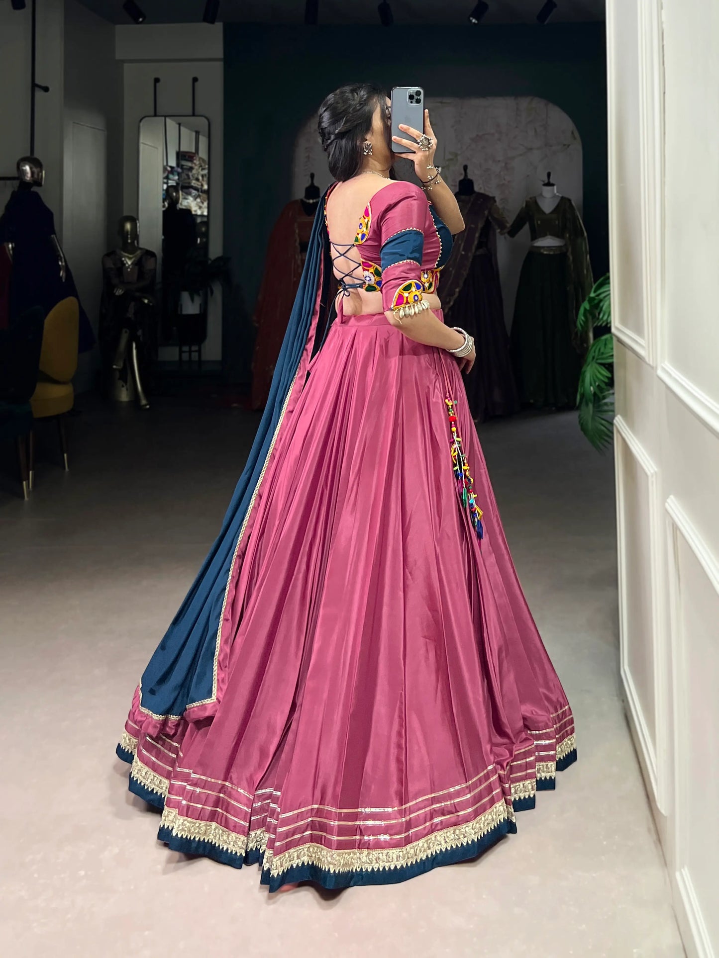 Tulip Pink Crepe Silk Gamthi Work Navratri Lehenga Choli