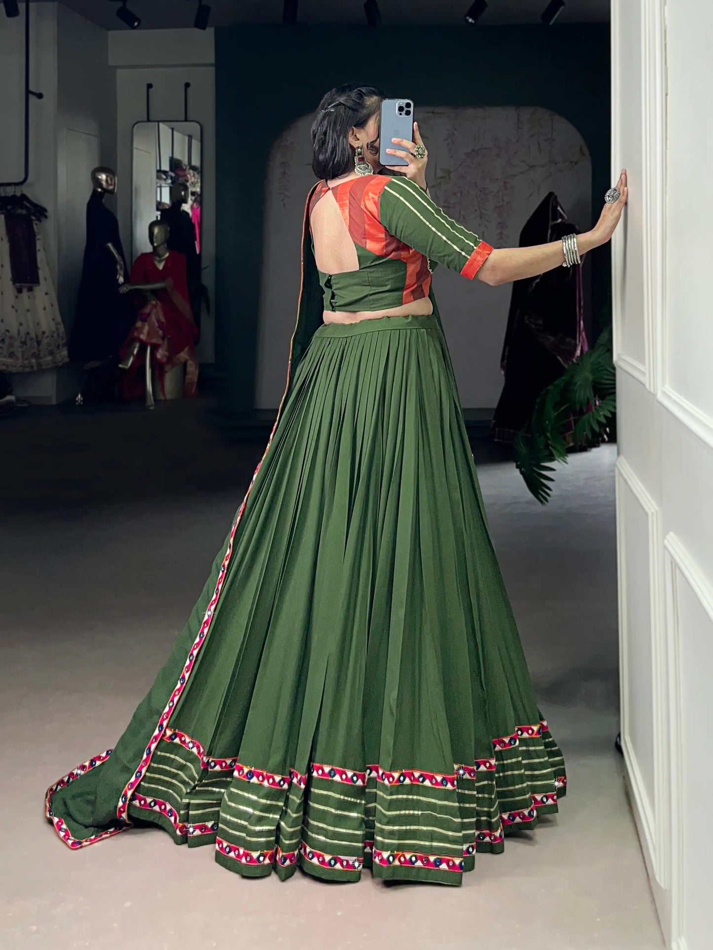Olive Green Rayon Navratri Lehenga Choli With Gamthi Work