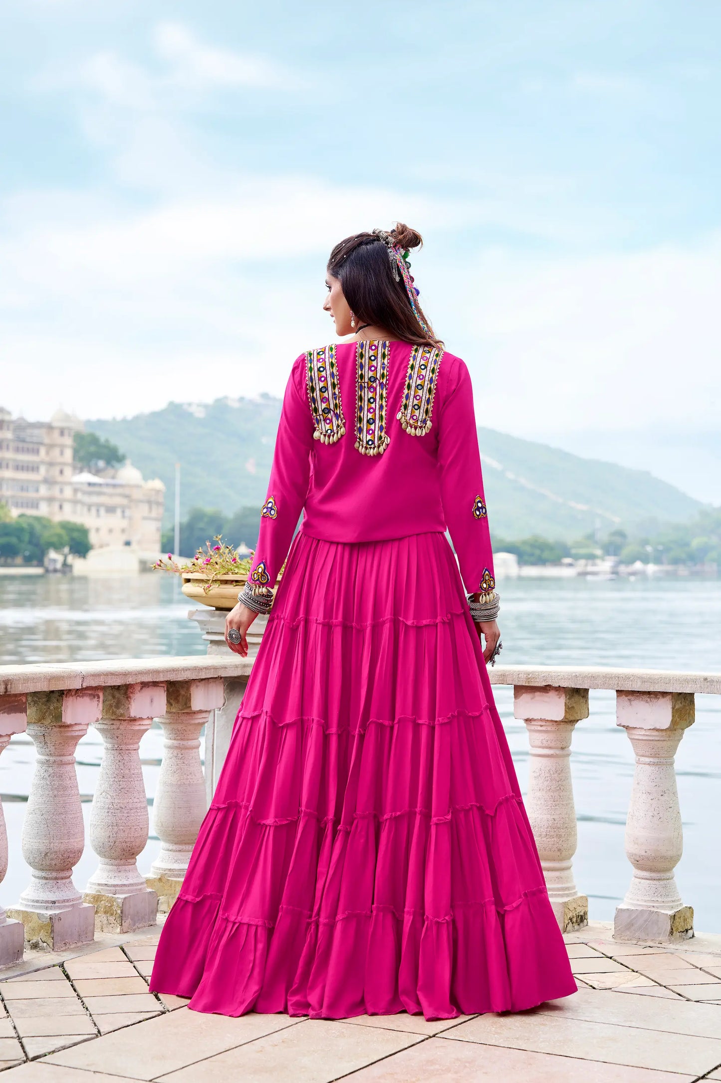 Dark Pink Rayon Gamthi Work Navratri Lehenga with Koti