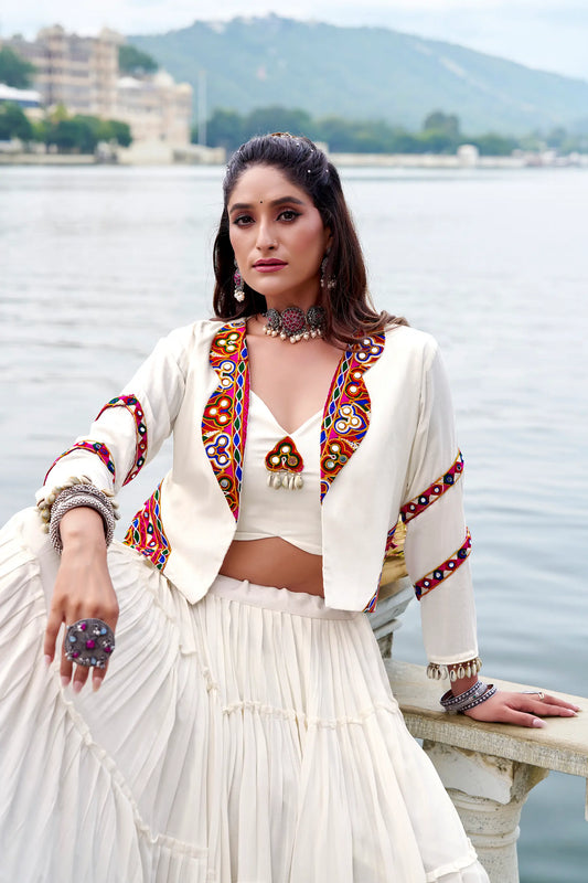 White Rayon Gamthi Work Navratri Lehenga with Koti