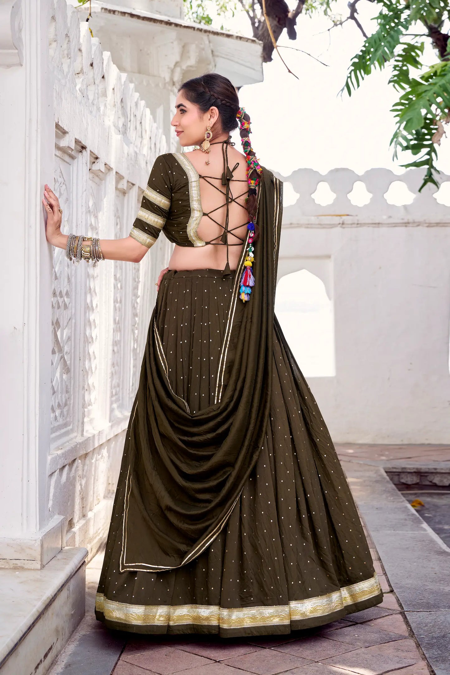 Olive Green Chanderi Silk Lehenga Choli With Zari Weaving & Lace Touch Up