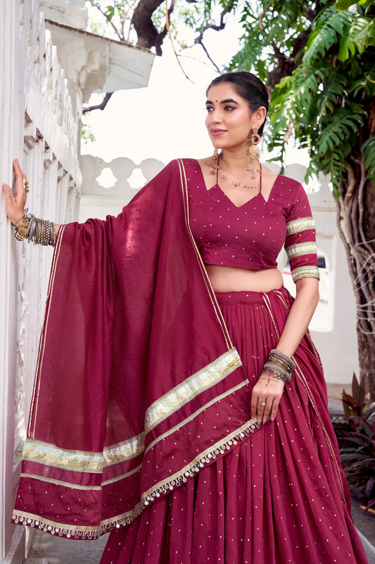 Maroon Chanderi Silk Lehenga Choli With Zari Weaving & Lace Touch Up