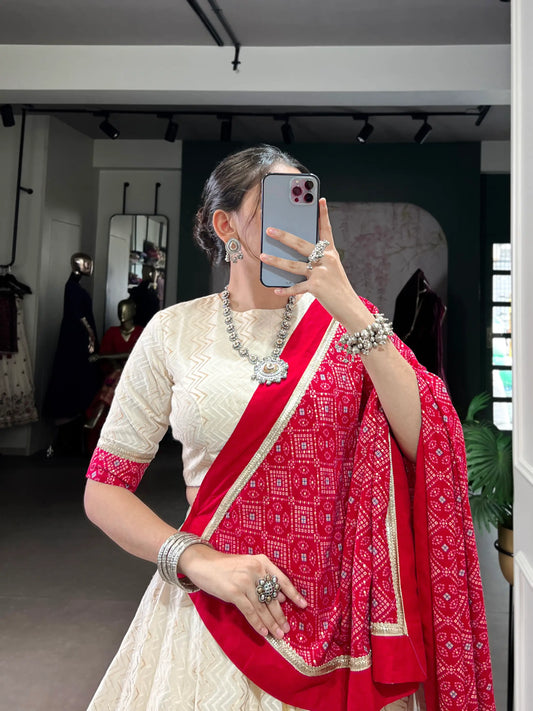 Beige Cotton Navratri Lehenga Choli With Print & Lace Touch Up