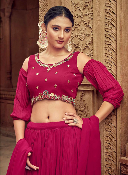 Dark Pink Georgette Lehenga With Hand Work