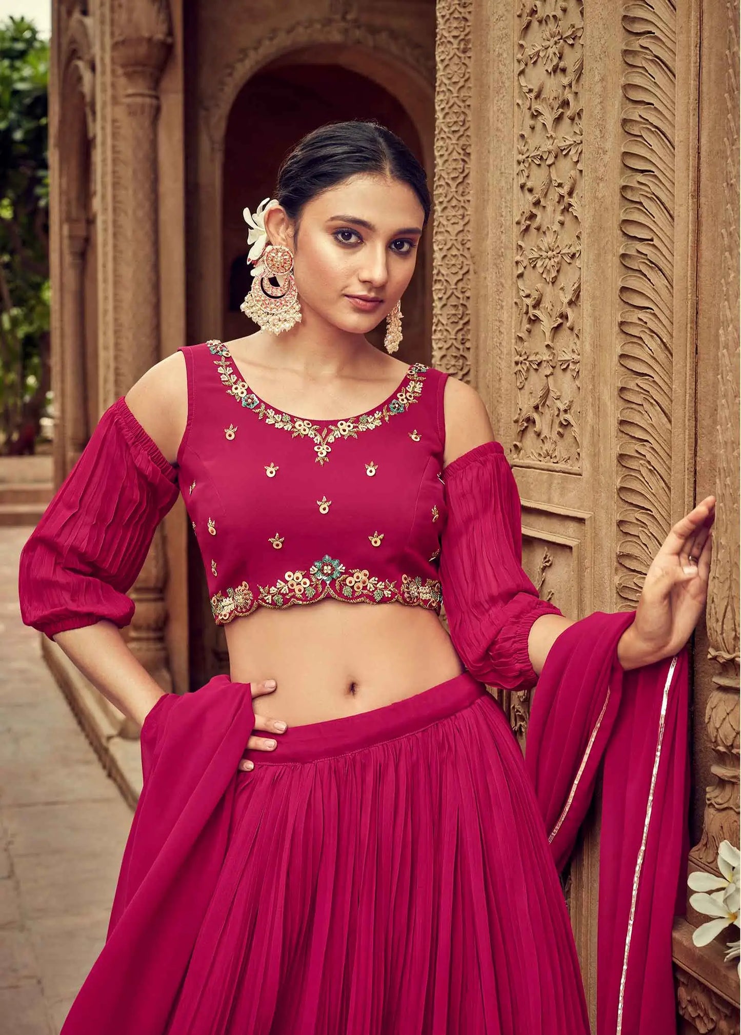 Dark Pink Georgette Lehenga With Hand Work