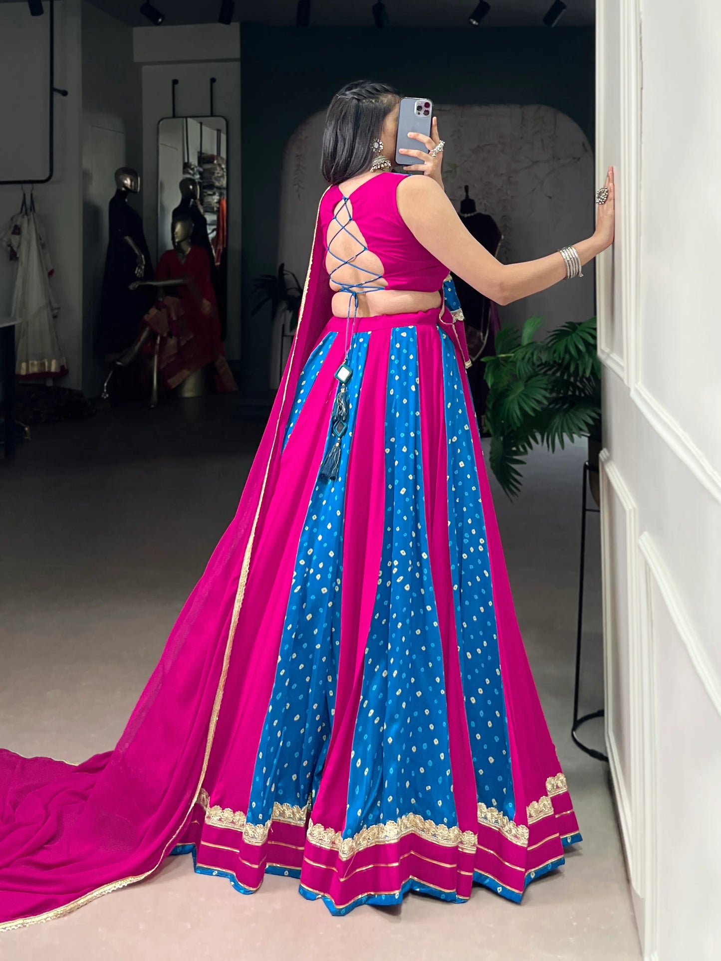 Blue-Pink Rayon Lehenga Choli With Bandhej Print & Lace Touch Up