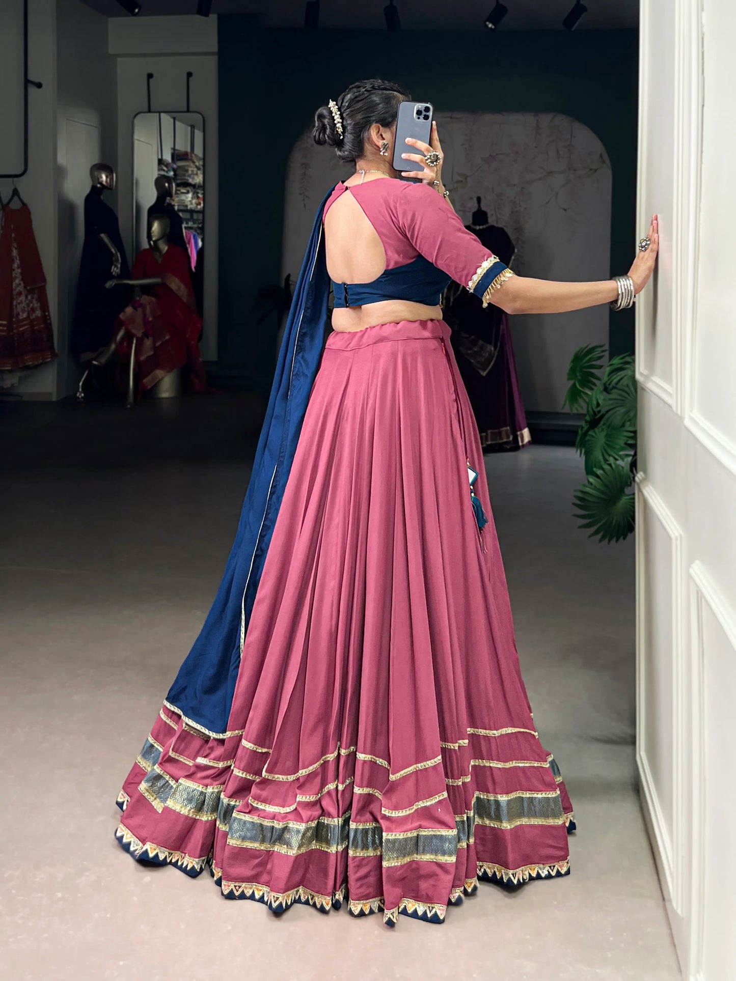 Dusty Pink Rayon Navratri Lehenga Choli With Lace touch up