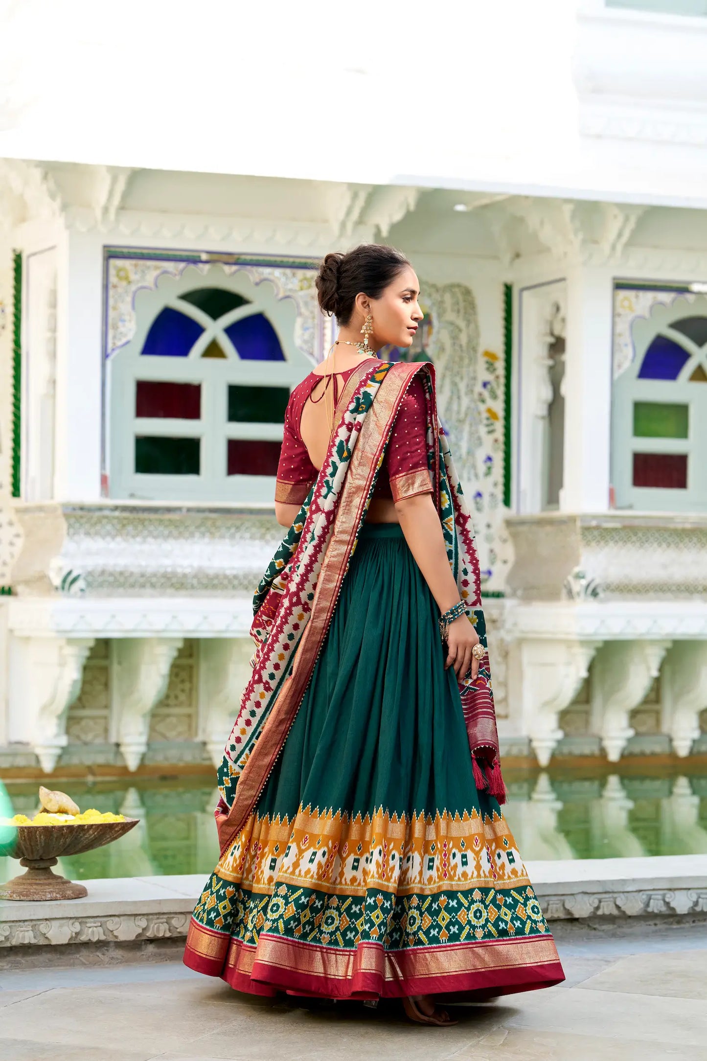 Green Tussar Silk Lehenga Choli With Patola Print And Foil Work