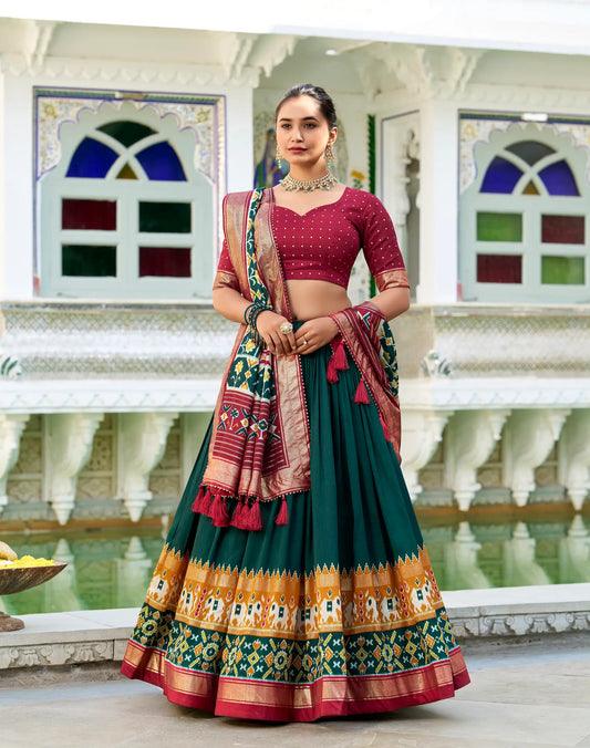 Green Tussar Silk Lehenga Choli With Patola Print And Foil Work