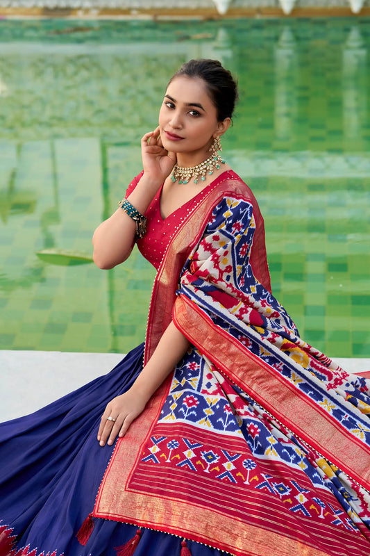 Navy Blue Tussar Silk Lehenga Choli With Patola Print And Foil Work