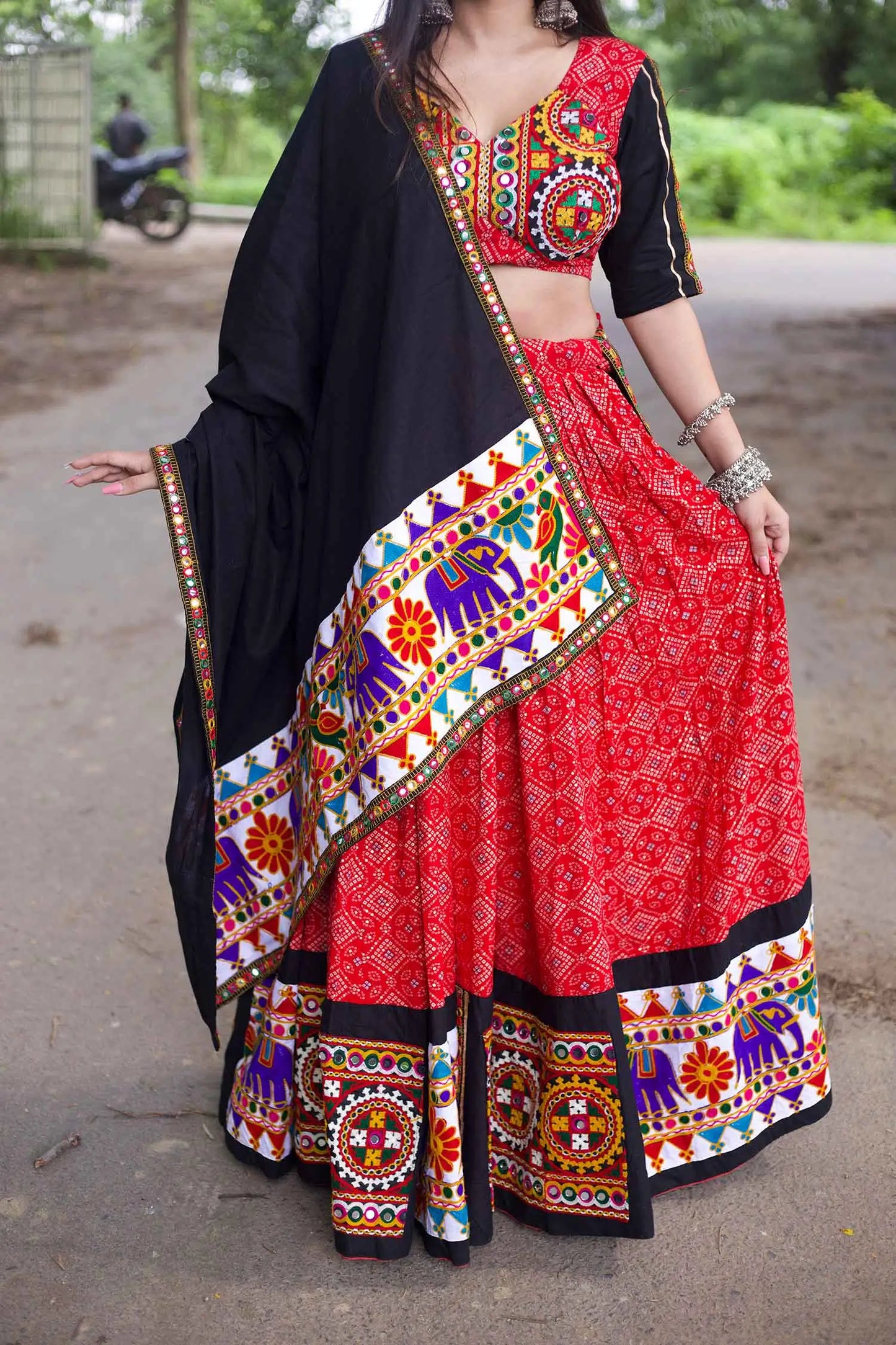 Red And Black Traditional Gamthi Work Navratri Chaniya Choli