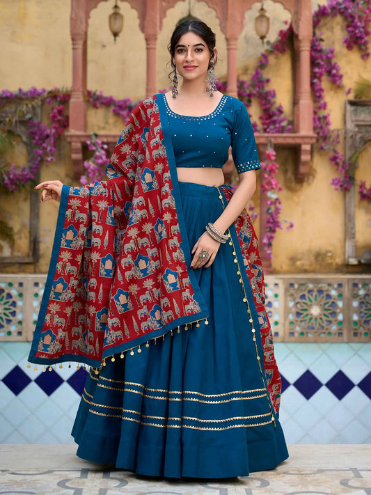 Teal Blue Navratri Lehenga Choli With Mirror Work And Dupatta