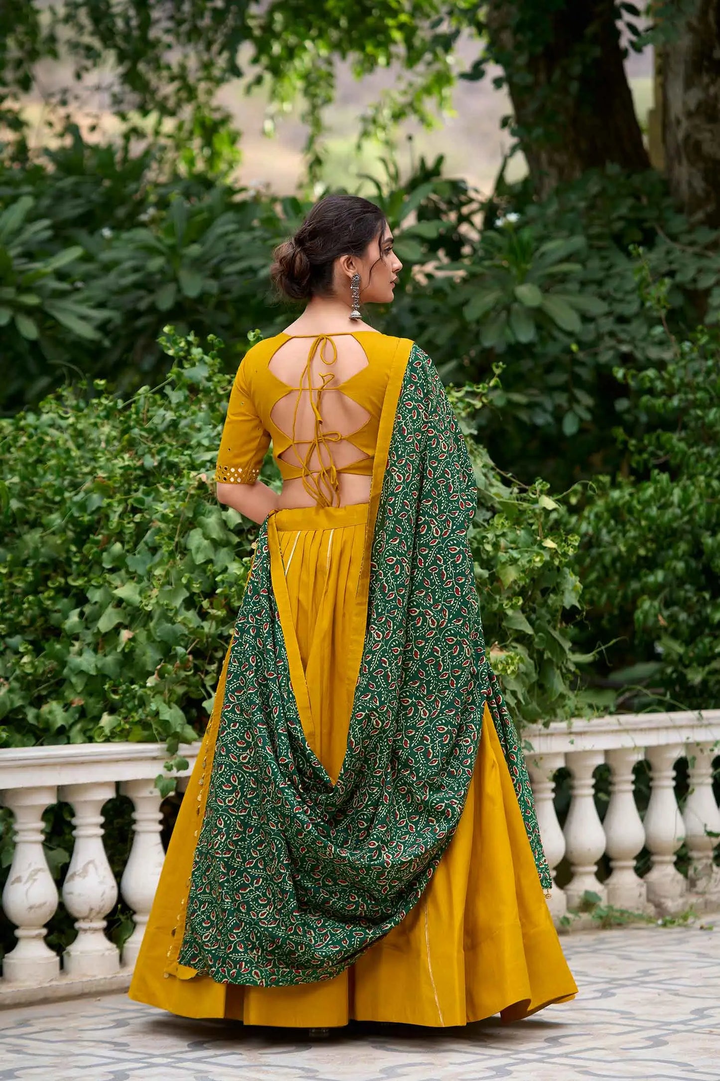Yellow And Green Mirror Work Navratri Lehenga Choli With Dupatta